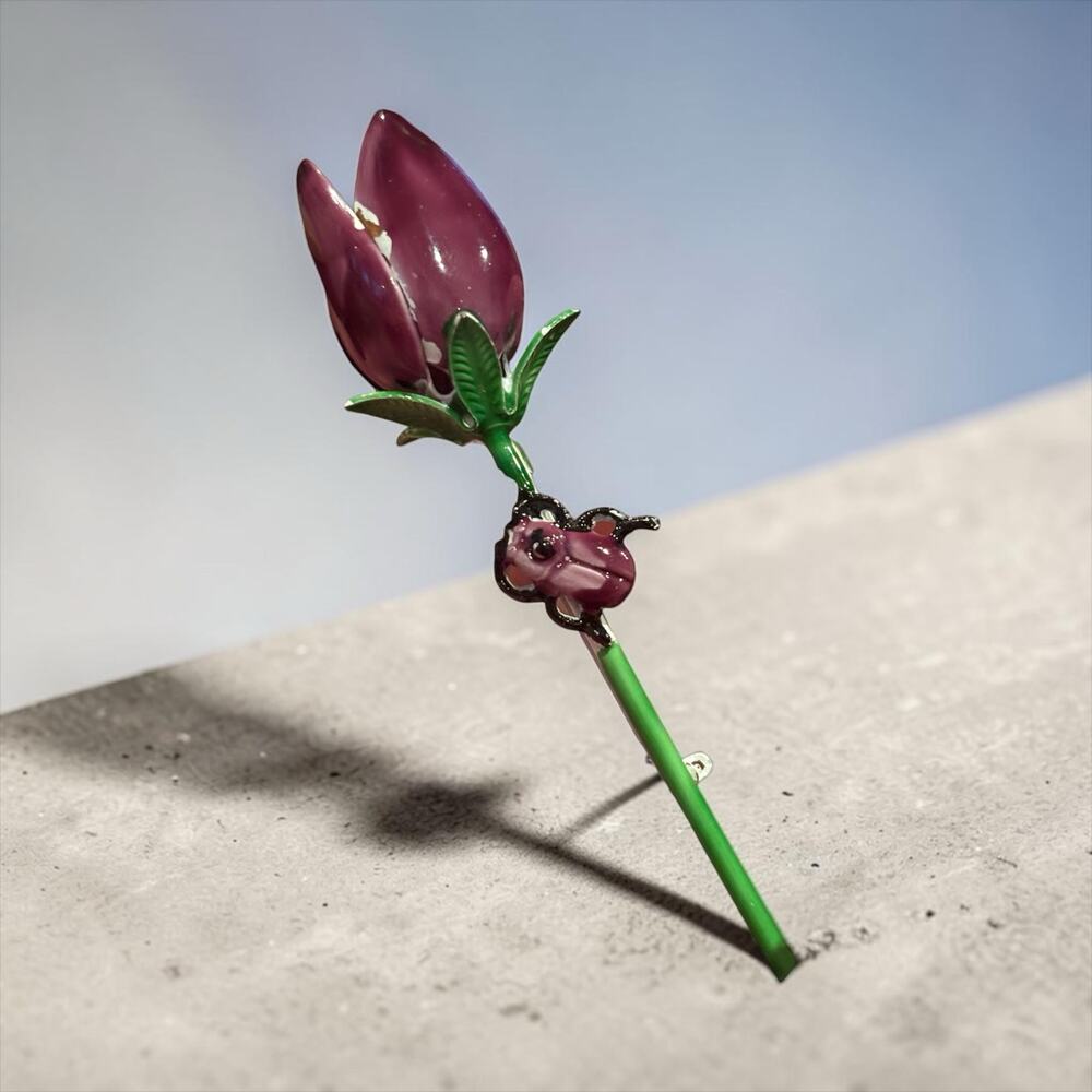 Vintage Purple Rosebud Enamel Stick Pin Floral Brooch Green Stem